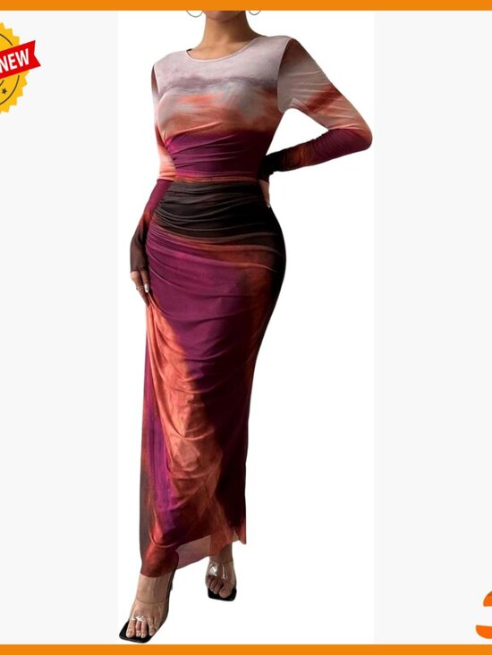 Dresses & Skirts - Long Sleeve Maxi Bodycon Dress Ruched Formal Slim Fit Mesh Tie Dye